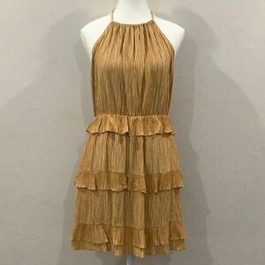 Lulu's Golden Yellow Halter Backless Dress with Tiered Ruffle Design - Size XL
